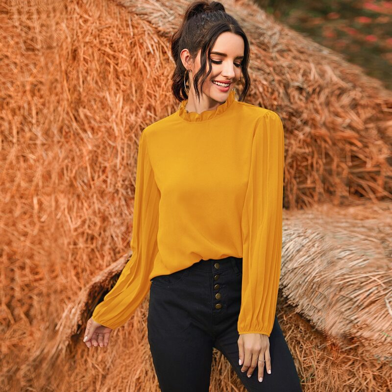 

Frill Neck Pleated Sleeve Blouse, Yellow