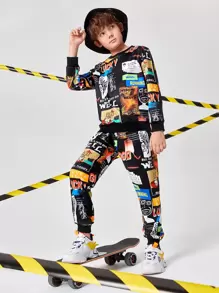 SHEIN 男孩滿版圖案套頭衫和運動褲套裝 - 彩色 - 查看 1