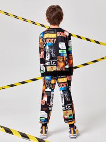 SHEIN 男孩滿版圖案套頭衫和運動褲套裝 - 彩色 - 查看 2