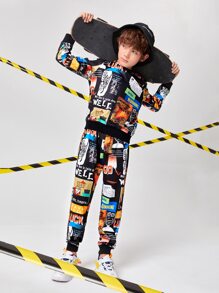 SHEIN 男孩滿版圖案套頭衫和運動褲套裝 - 彩色 - 查看 3