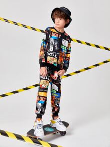 SHEIN 男孩滿版圖案套頭衫和運動褲套裝 - 彩色 - 查看 4