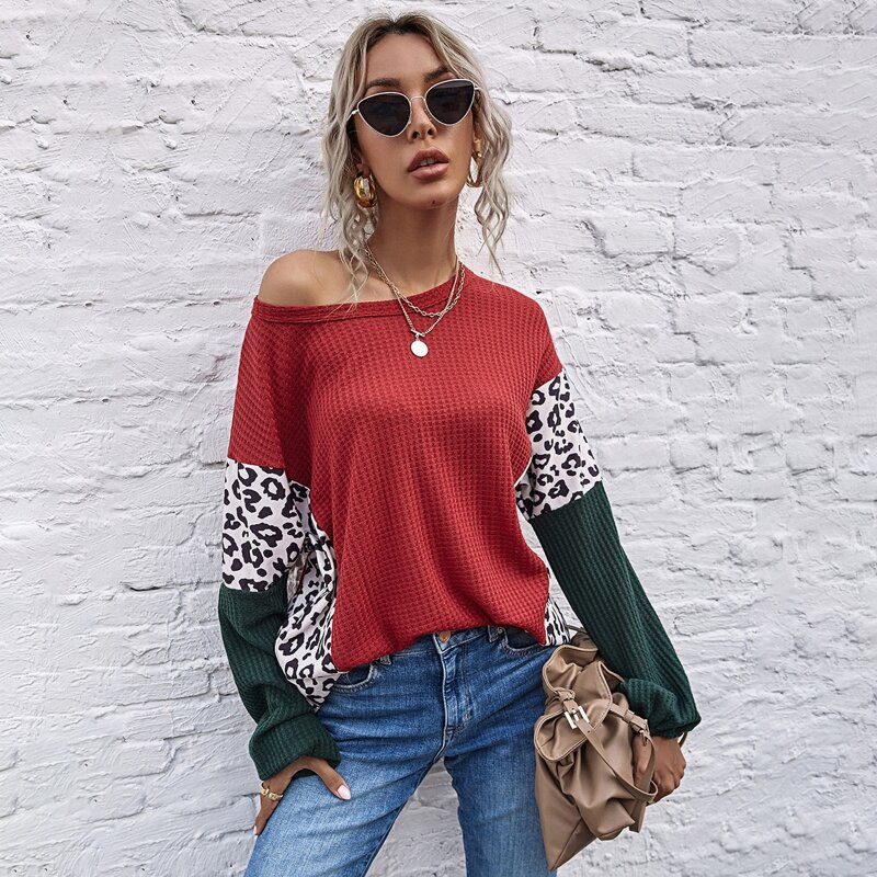 

Leopard Colorblock Waffle Knit Tee, Red