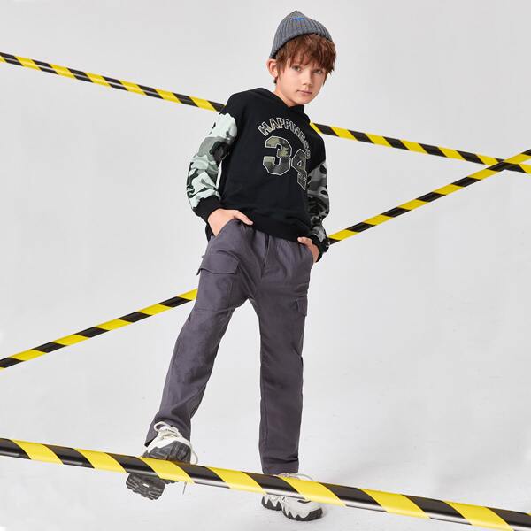 

Boys Camo & Number Print Drop Shoulder Hoodie, Black