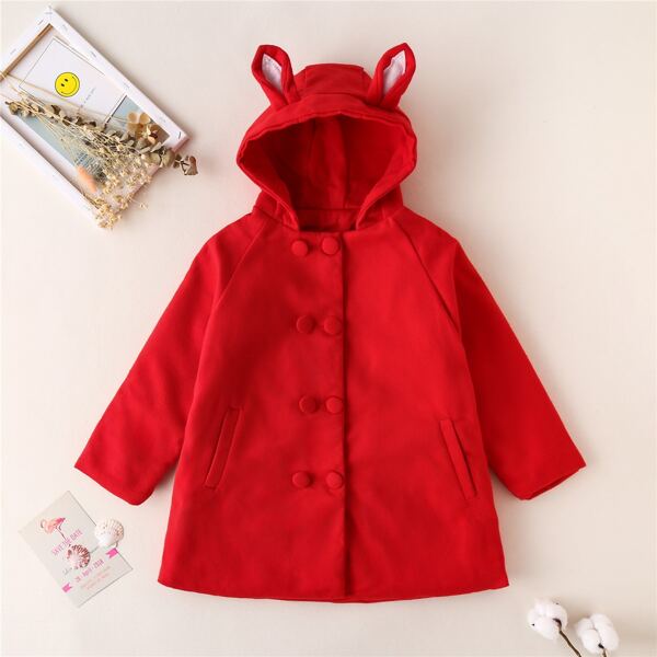 

Girls 3D Ear Design Cartoon Hooded Pea Coat, Red