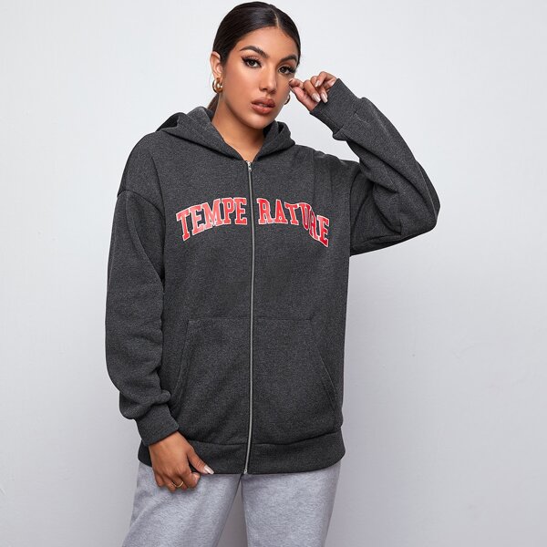 

Letter Graphic Zip Up Thermal Lined Hoodie, Dark grey