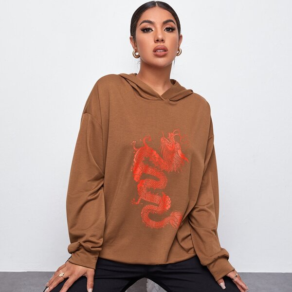 

Chinese Dragon Graphic Drop Shoulder Hoodie, Brown