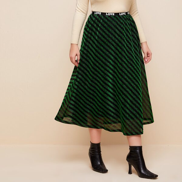 

Plus Letter Tape Waist Striped Mesh Skirt, Green