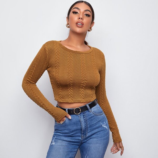 

Solid Cable Knit Crop Tee, Mustard yellow