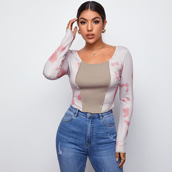 

Tie Dye Colorblock Rib-knit Tee, Multicolor