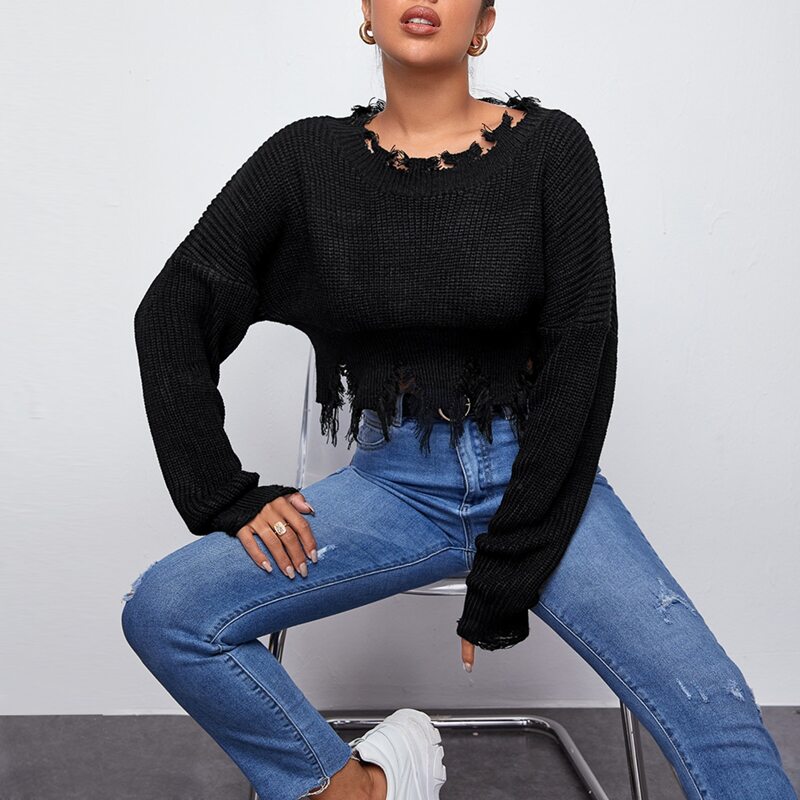 

Drop Shoulder Distressed Trim Sweater, Black