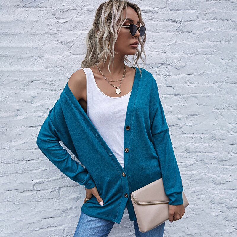 

Button Front Drop Shoulder Solid Coat, Blue