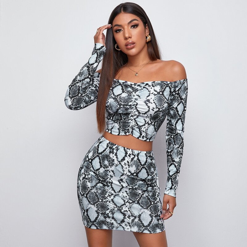 

Off Shoulder Ruched Snakeskin Top & Skirt Set, Multicolor