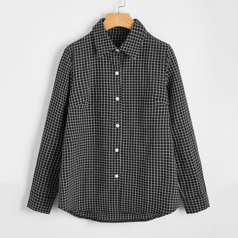 

Button Through Curved Hem Plaid Blouse, Black
