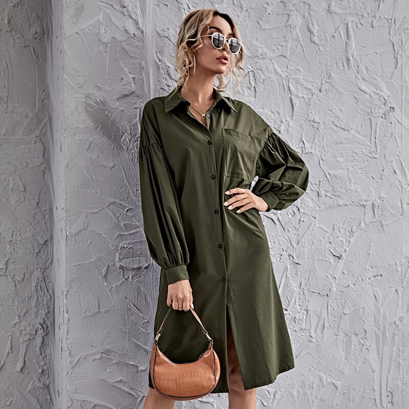 

Drop Shoulder Lantern Sleeve Button Placket Shirt Dress, Army green