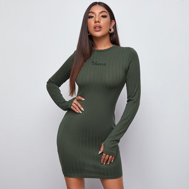 

Letter Embroidered Rib-knit Dress, Dark green