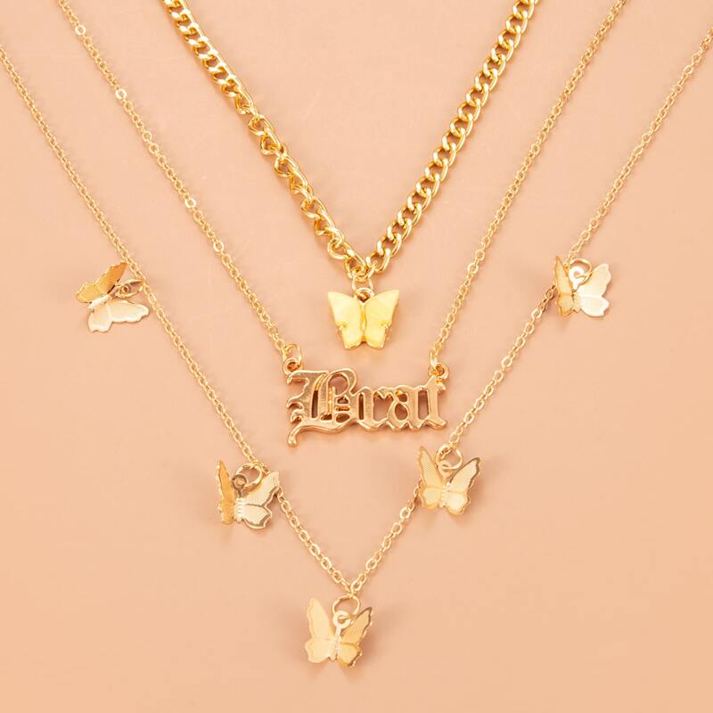 

Butterfly & Letter Design Layered Necklace, Gold
