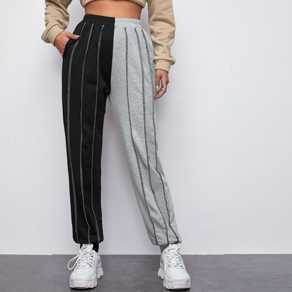 

Pocket Side Contrast Stitch Two Tone Pants, Multicolor