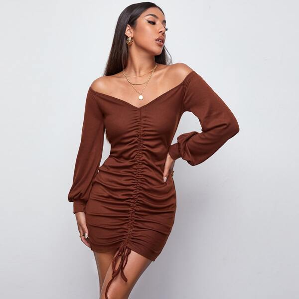 

Off Shoulder Drawstring Knot Dress, Rust brown
