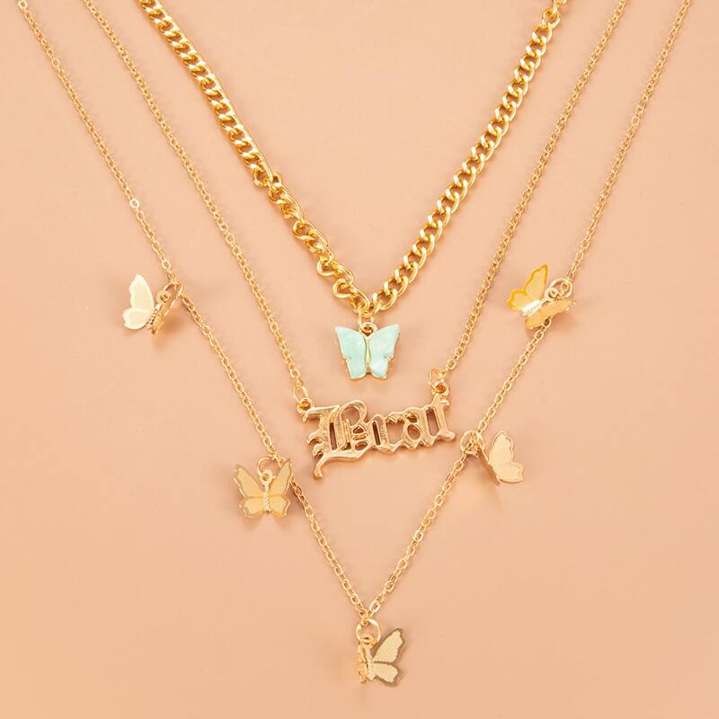 

Butterfly & Letter Design Layered Necklace, Gold
