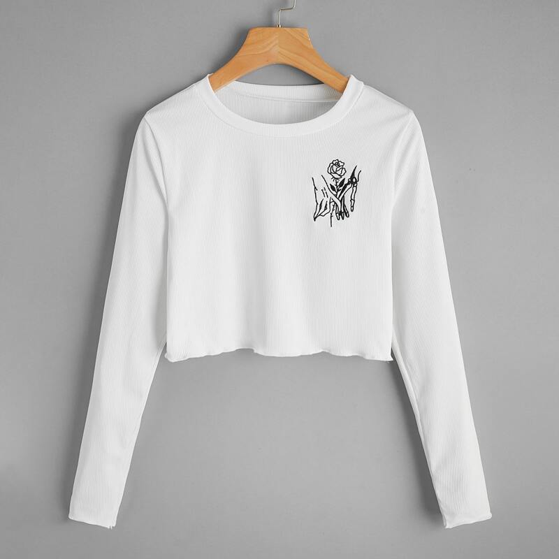 

Rose Embroidery Crop Tee, Beige