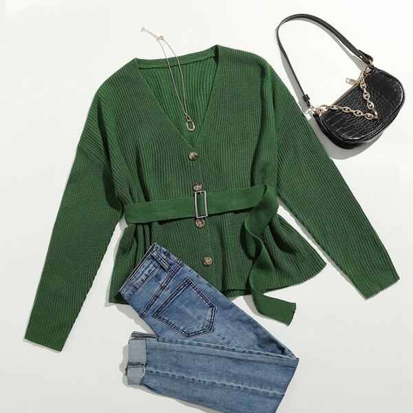 

Plus Drop Shoulder Button Front Belted Cardigan, Dark green