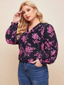 SHEIN Clasi Plus Ruffle Cuff Lantern Sleeve Floral Print Top - Black - View 1