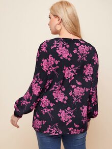 SHEIN Clasi Plus Ruffle Cuff Lantern Sleeve Floral Print Top - Black - View 2