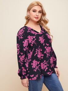SHEIN Clasi Plus Ruffle Cuff Lantern Sleeve Floral Print Top - Black - View 4