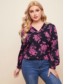 SHEIN Clasi Plus Ruffle Cuff Lantern Sleeve Floral Print Top - Black - View 5