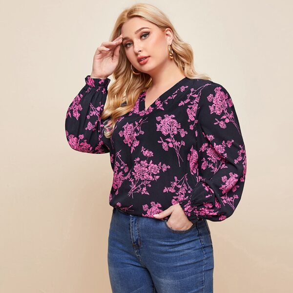 

Plus Ruffle Cuff Lantern Sleeve Floral Print Top, Black