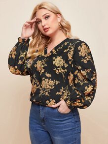 SHEIN Clasi Plus Ruffle Cuff Lantern Sleeve Floral Print Top - Black - View 1