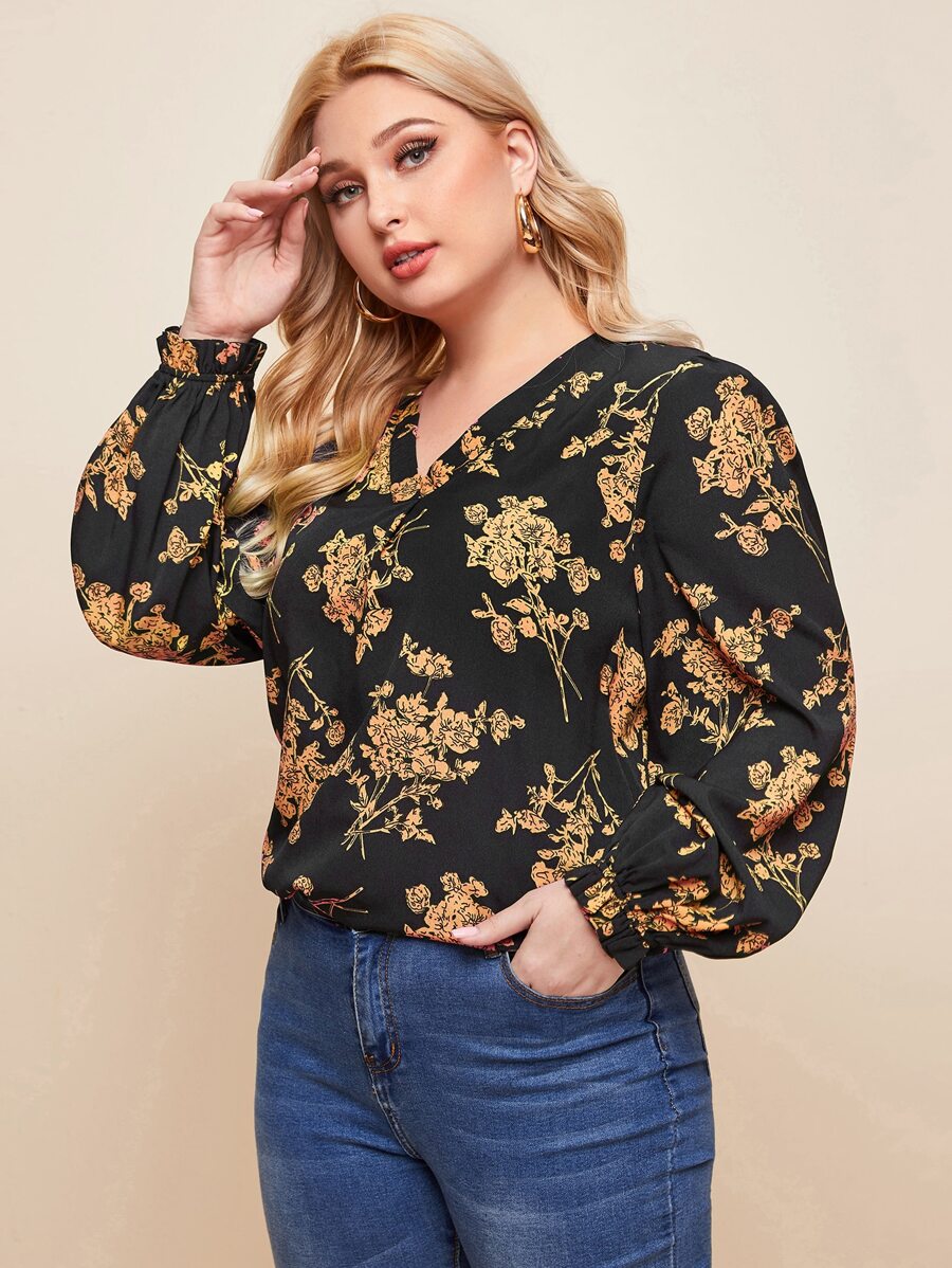 SHEIN Clasi Plus Ruffle Cuff Lantern Sleeve Floral Print Top - Black - View 1