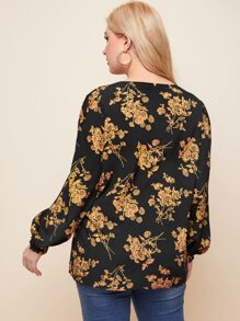 SHEIN Clasi Plus Ruffle Cuff Lantern Sleeve Floral Print Top - Black - View 2
