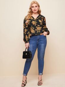 SHEIN Clasi Plus Ruffle Cuff Lantern Sleeve Floral Print Top - Black - View 5
