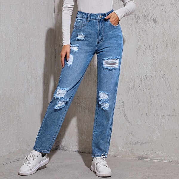 

High Waist Ripped Jeans Without Belt, Medium wash