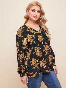 SHEIN Clasi Plus Ruffle Cuff Lantern Sleeve Floral Print Top - Black - View 4