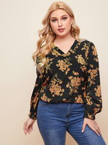 SHEIN Clasi Plus Ruffle Cuff Lantern Sleeve Floral Print Top - Black - View 3