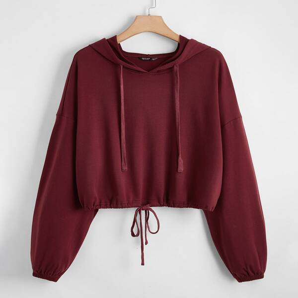 

Plus Drawstring Hem Drop Shoulder Hoodie, Burgundy