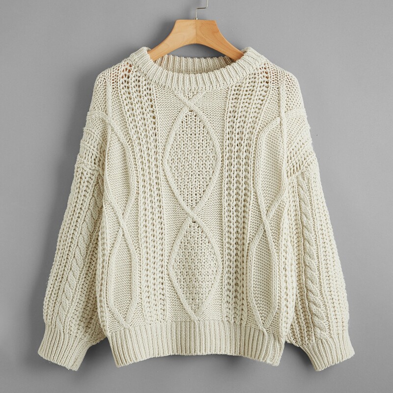 

Solid Cable Knit Sweater, Beige