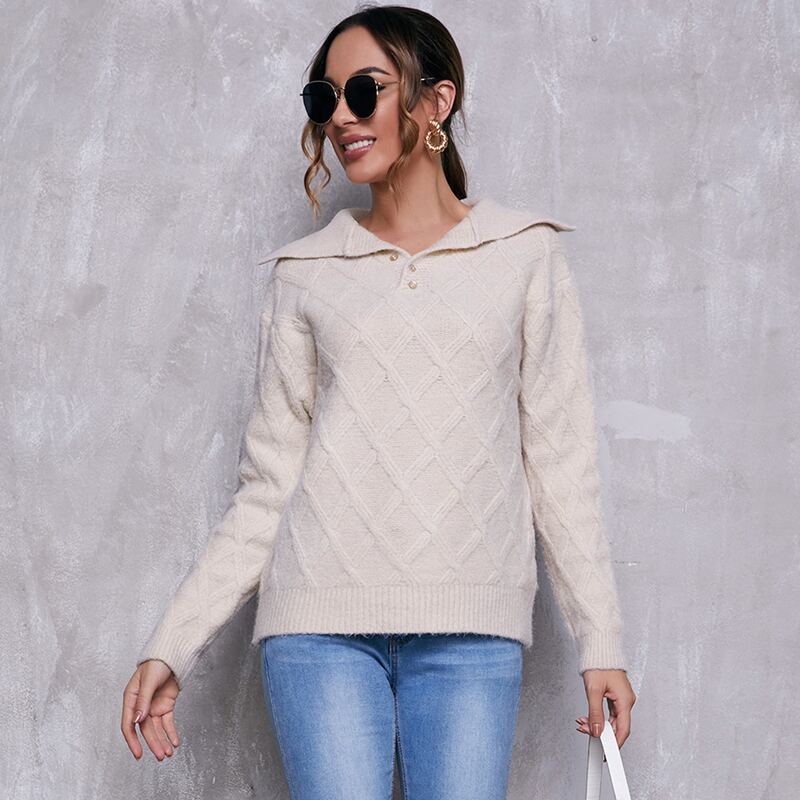 

Collared Buttoned Front Textured Knit Sweater, Apricot