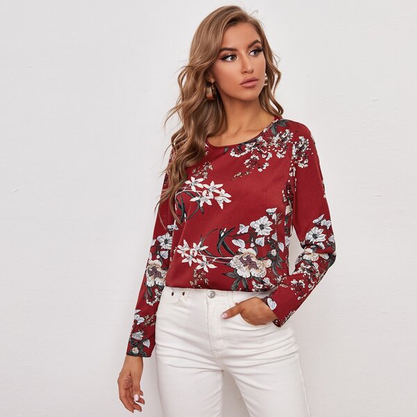 

Floral Print Round Neck Top, Multicolor