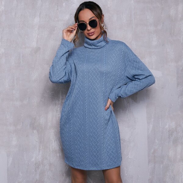 

Turtle Neck Cable Knit Dress, Blue