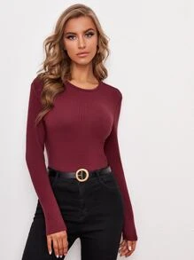 SHEIN BASICS Cotton Solid Rib-knit Slim Tee - Burgundy - View 1