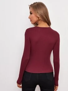 SHEIN BASICS Cotton Solid Rib-knit Slim Tee - Burgundy - View 2