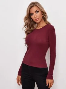 SHEIN BASICS Cotton Solid Rib-knit Slim Tee - Burgundy - View 3