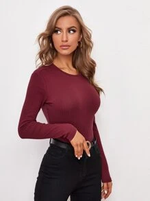 SHEIN BASICS Cotton Solid Rib-knit Slim Tee - Burgundy - View 4