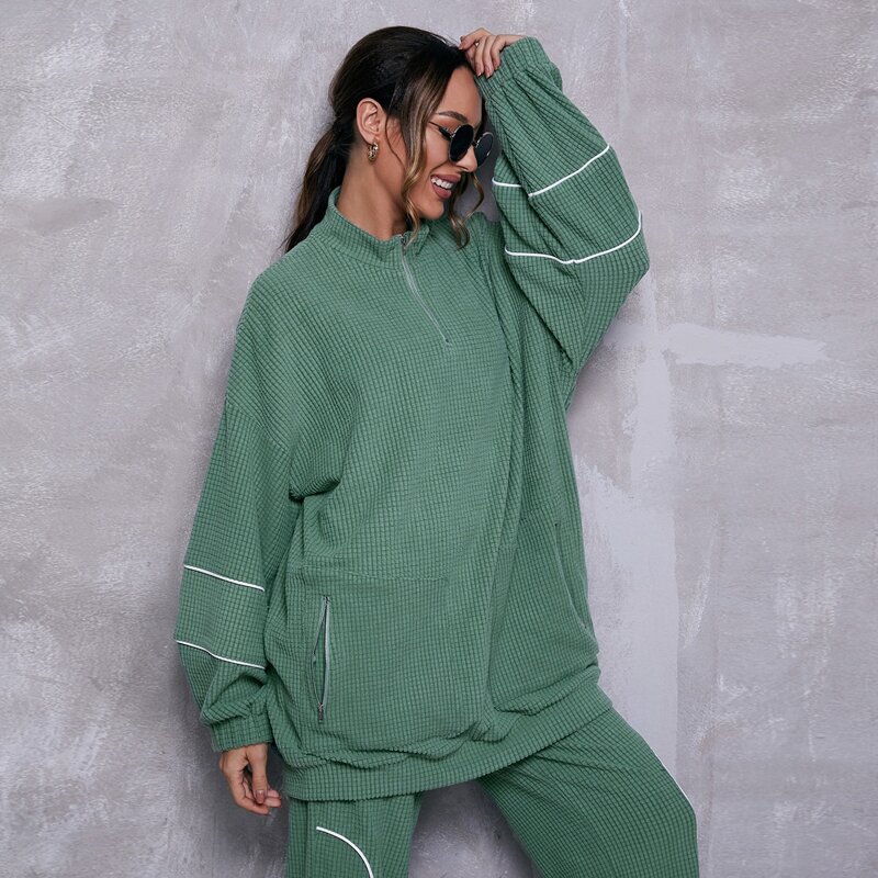 

Zip Half Placket Contrast Binding Sweatshirt, Green