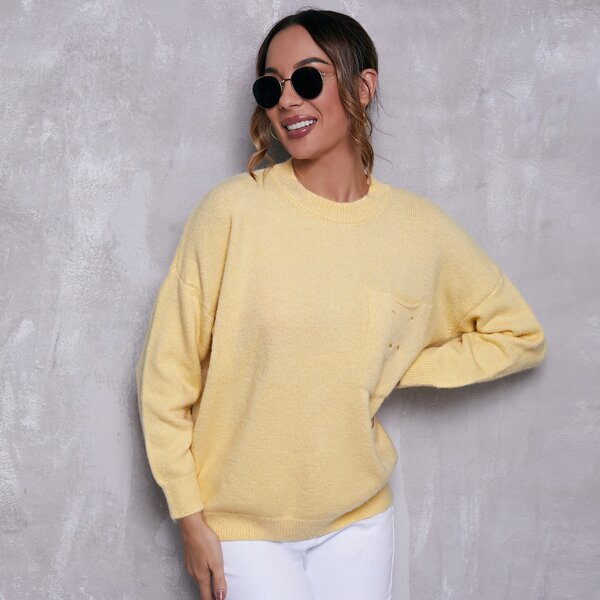 

Drop Shoulder Ripped Detail Sweater, Yellow