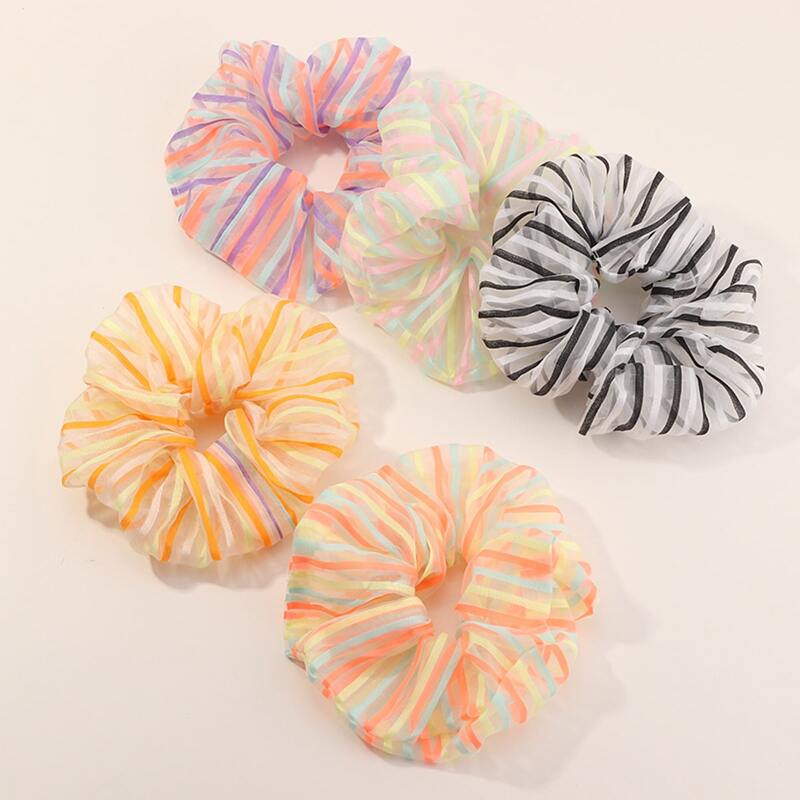 

4pcs Random Striped Mesh Scrunchie, Multicolor