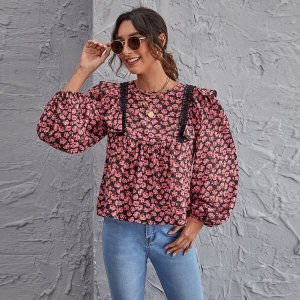

Lantern Sleeve Guipure Lace Detail Ruffle Trim Floral Top, Multicolor